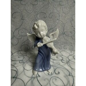 VTG Angel Porcein Figurine Violin‎ Blue Robe White Wings Musical Religious Decor